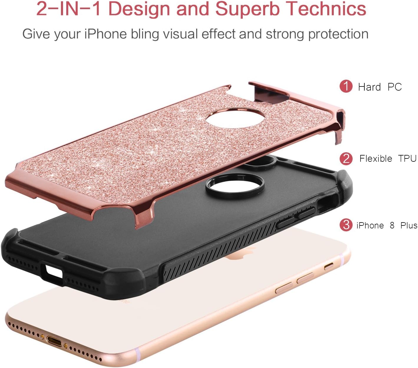 BENTOBEN iPhone 8 Plus Case, Glitter Sparkly Bling Slim 2 in 1 Hybrid Hard PC Cover Soft TPU Bumper Non-Slip Shockproof Protective Phone Case Cover for Apple iPhone 8 Plus 5.5" (2017), Rose Gold/Pink