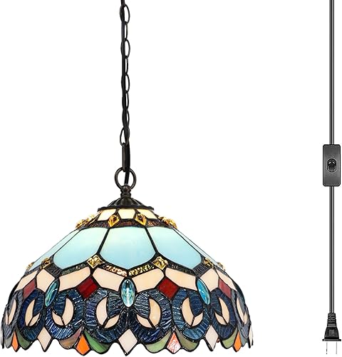 Tiffany - Lámpara colgante con enchufe, lámpara colgante de vitrales de 12 pulgadas, cadena de 39 pulgadas, cable de 15 pies para sala de estar,
