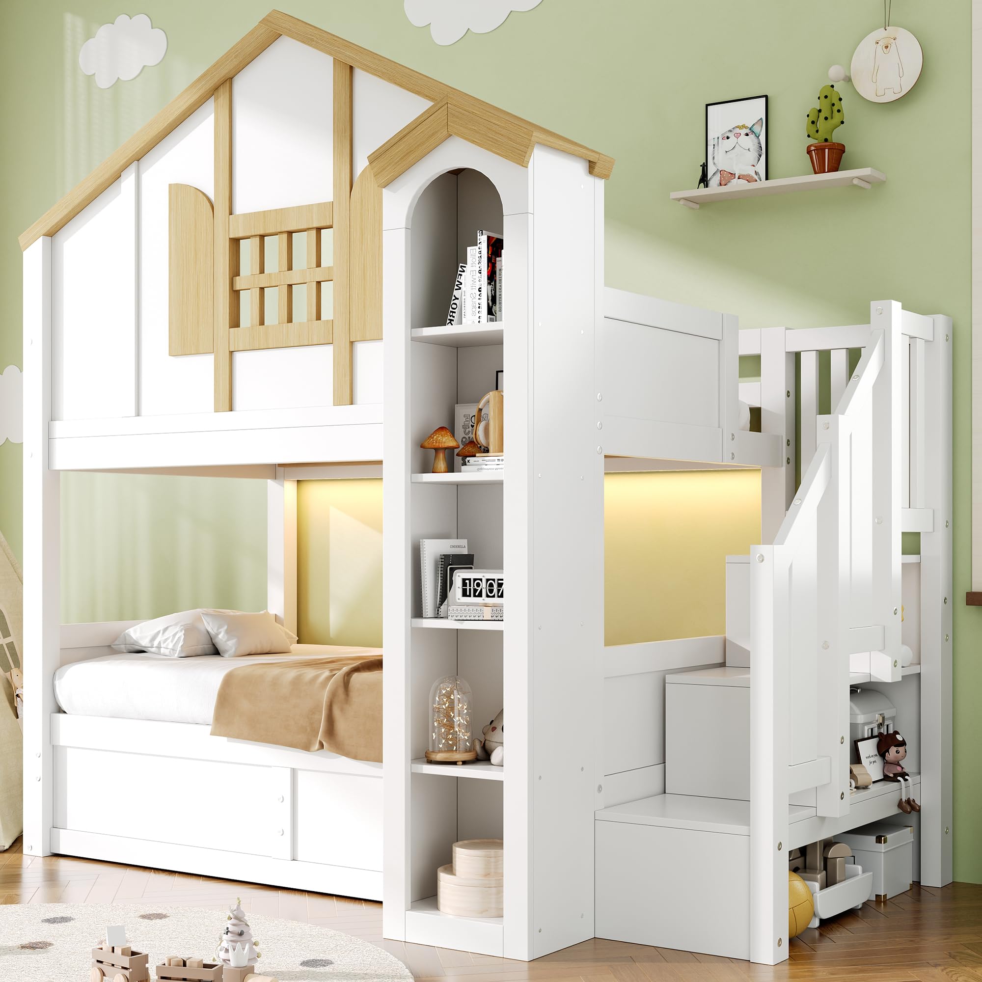 Litera Doble 90x200 cm con Cama Inferior Hidráulica y Escalera con Compartimentos, Cama con Almacenaje de Pino y MDF, Cama Casa con Somier para Dormitorio Juvenil