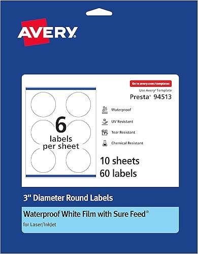 Avery Etiquetas redondas impermeables con alimentación segura, impresión hasta el borde, 3.0 in de diámetro, 60 etiquetas blancas (36590)