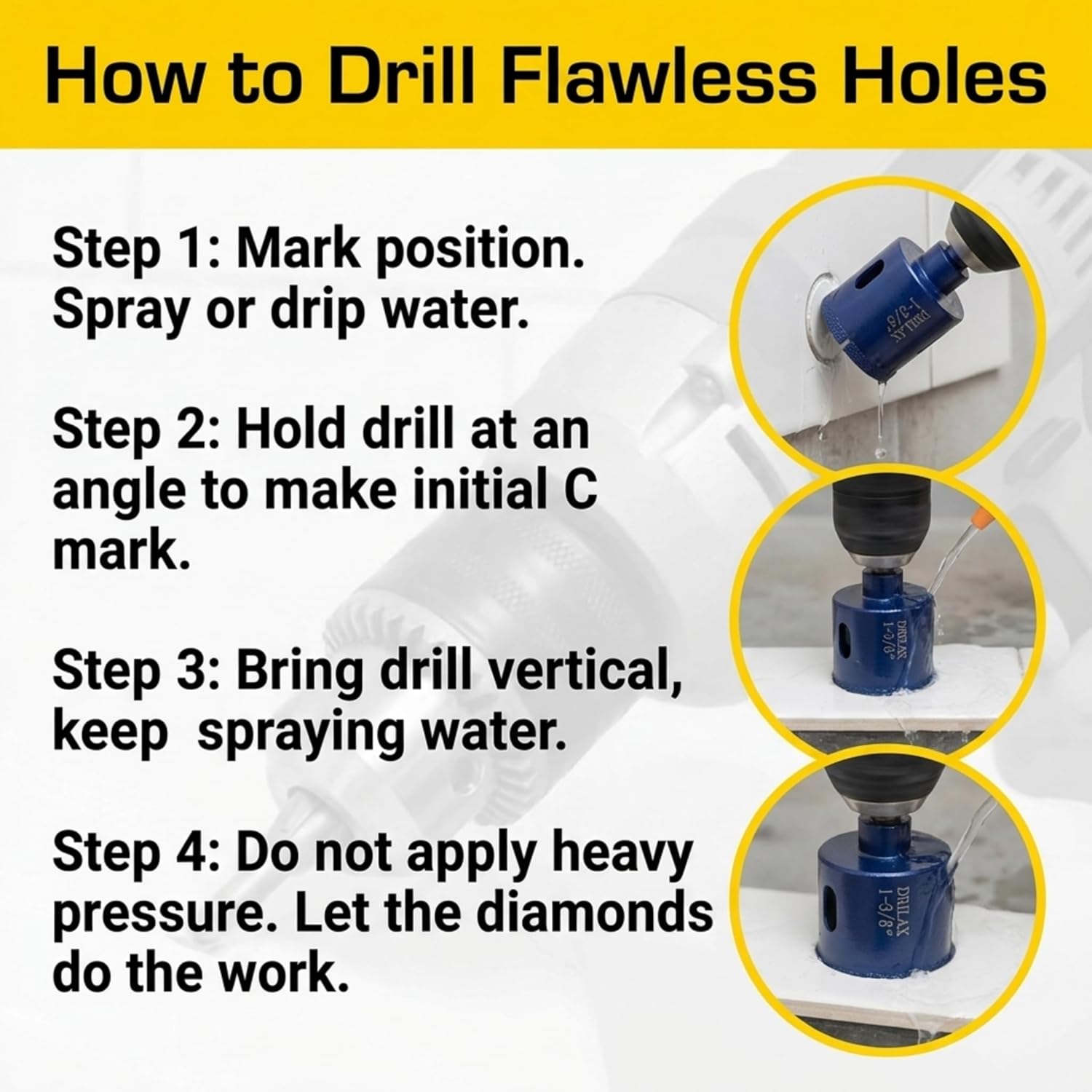 Drilax 1-3/8 Inch Diamond Drill Bit | 1-3/8" Depth for Thick Countertops | Ideal for Faucets, Shower Valves, Handles | Ceramic, Porcelain, Glass, Tile, Granite, Quartz