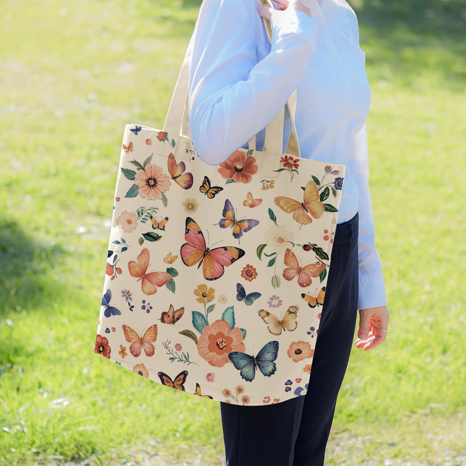 Louise Maelys Aesthetic Butterfly Flowers Canvas Tote Bag For Women,with Zipper Inner Pocket,Cotton 15" X 16" for Lady Girls,Kitchen Reusable Grocery Bags - Image 7