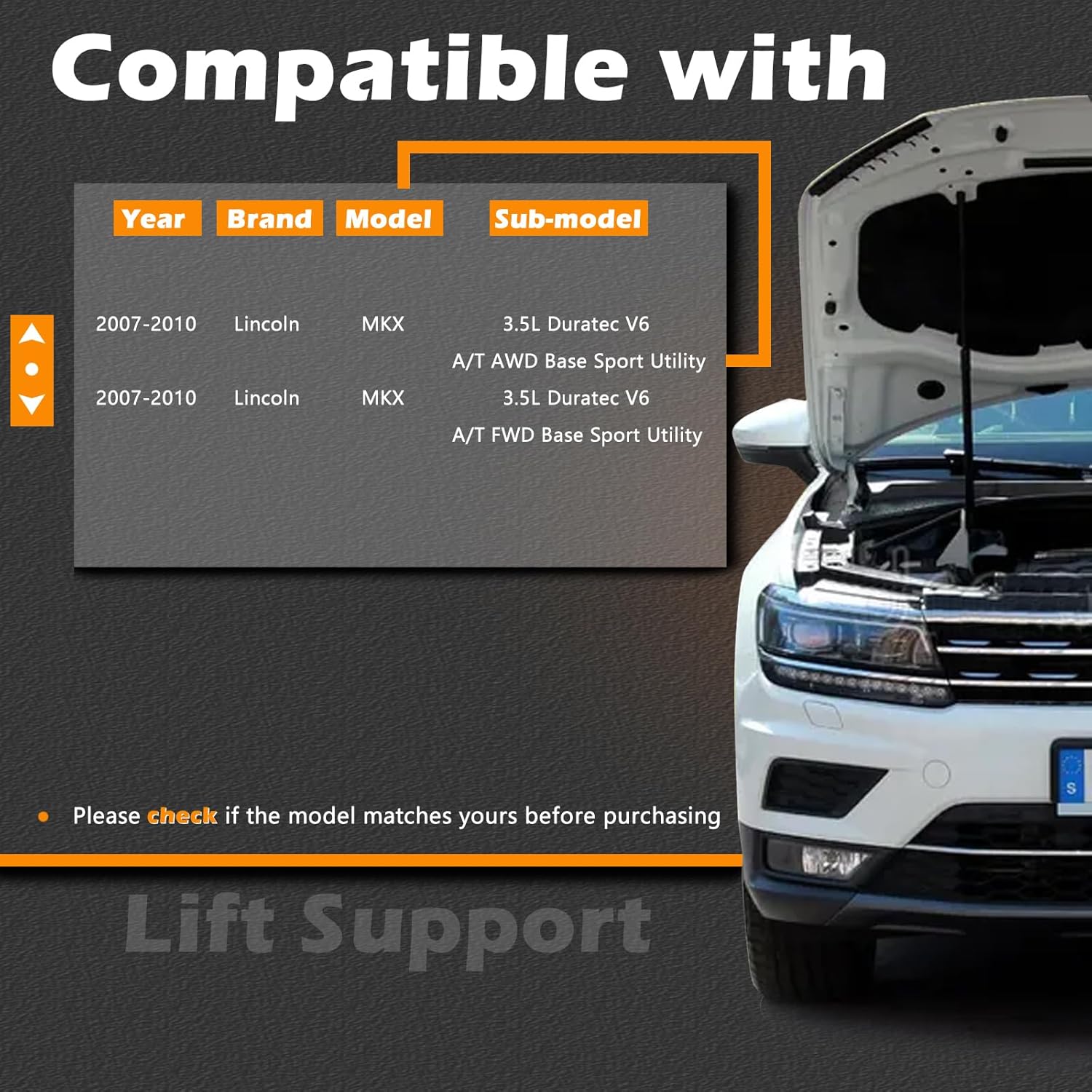 2Pcs 22.04 IN Liftgate Trunk Struts Lift Supports Compatible with Lincoln 07-10 MKX Both Power Non-Power Liftgate Shock Gas Spring Cylinder Rear Back Tailgate Hatch Replace 7A1Z78406A10B 7A1Z78406A11B