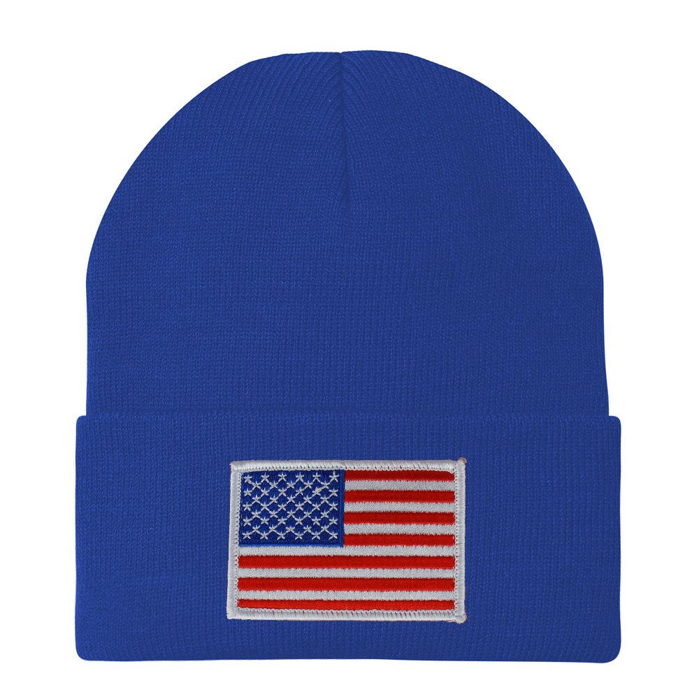 Made in USA - White American Flag Embroidered Patch Long Cuff Beanie - Royal