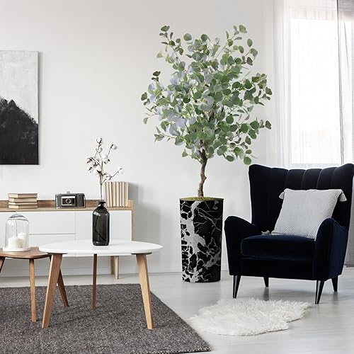 Miniatura 7 de Árbol artificial en maceta con patrón geométrico, eucalipto falso de seda para decoración del hogar en interiores y exteriores, altura total 66