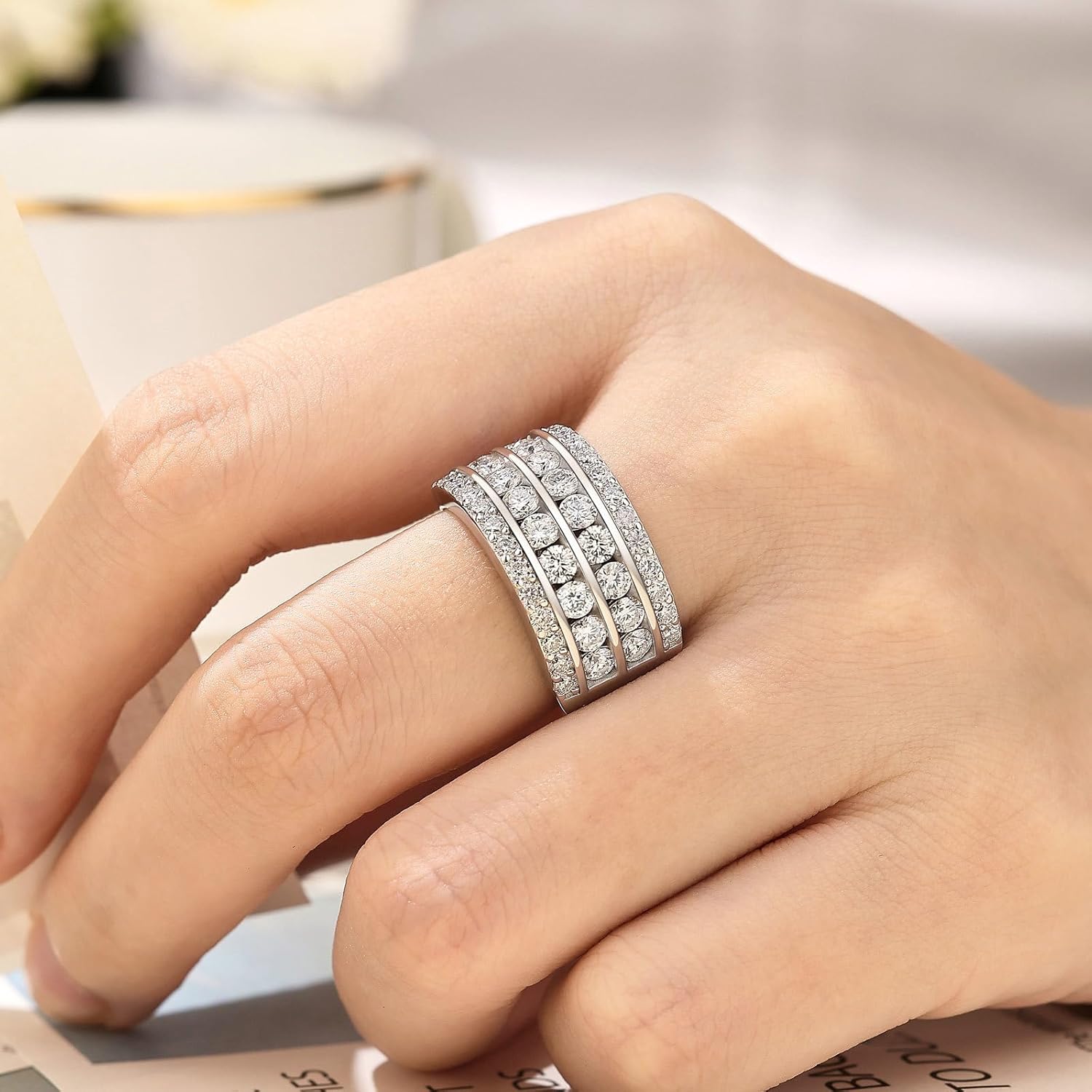 Multi Row Moissanite Wide Wedding Band for Women Fashion Wedding Rings 925 Sterling Silver Sz 5-10 - Image 4