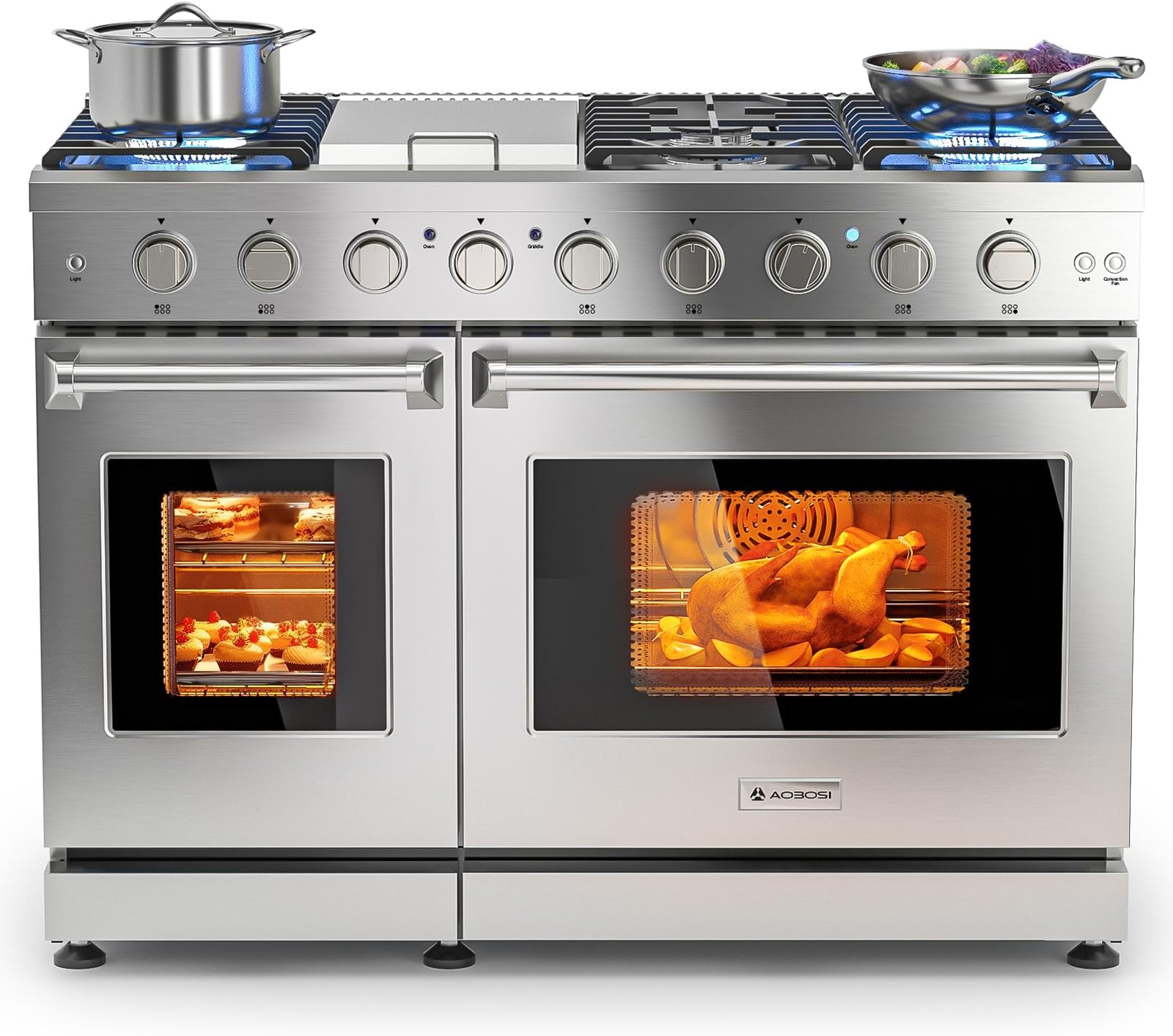 AAOBOSI 48 Inch Freestanding Gas Range Ovens with 7.0 cu.ft Large Capacity Double Convection Ovens, 6 Sealed Burners Plus Iron Grill Burner, Stainless Steel Gas Range Stove with NG/LPG Convertible