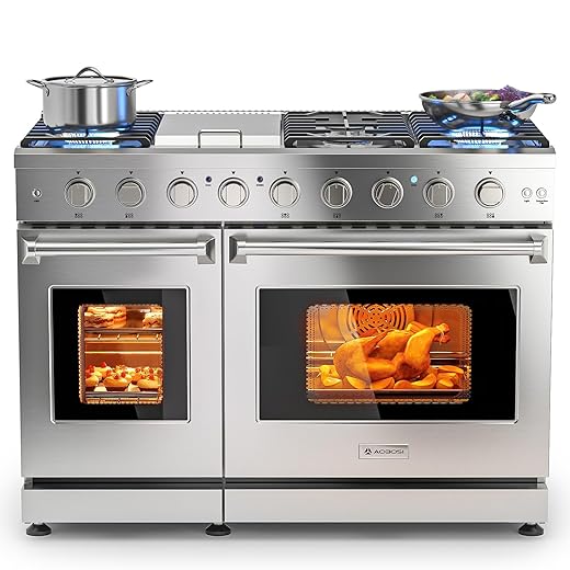 AAOBOSI 48 Inch Freestanding Gas Range Ovens with 7.0 cu.ft Large Capacity Double Convection Ovens, 6 Sealed Burners Plus Iron Grill Burner, Stainless Steel Gas Range Stove with NG/LPG Convertible
