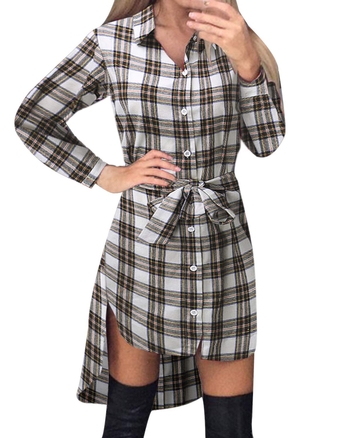 Womens Shirt Dress Checked Long Sleeve Blouse Tartan Long Tops