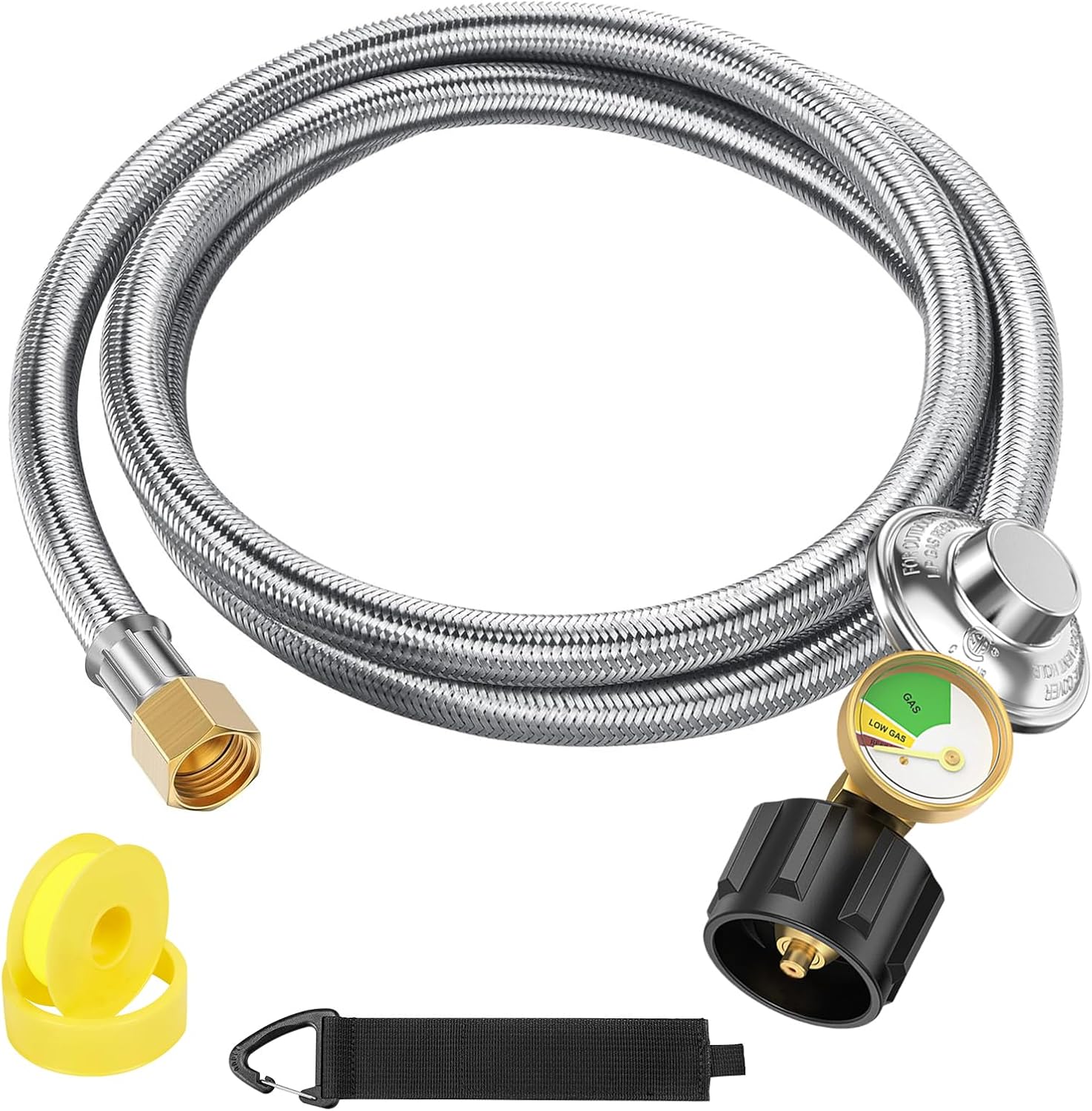 4 Feet Propane Tank Regulator Hose with Gauge, Universal Grill Regulator Replacement Parts, QCC1 to 3/8" Female Flare Nut Hose and Regulator for Most LP Gas Grill, Heater and Fire Pit Table