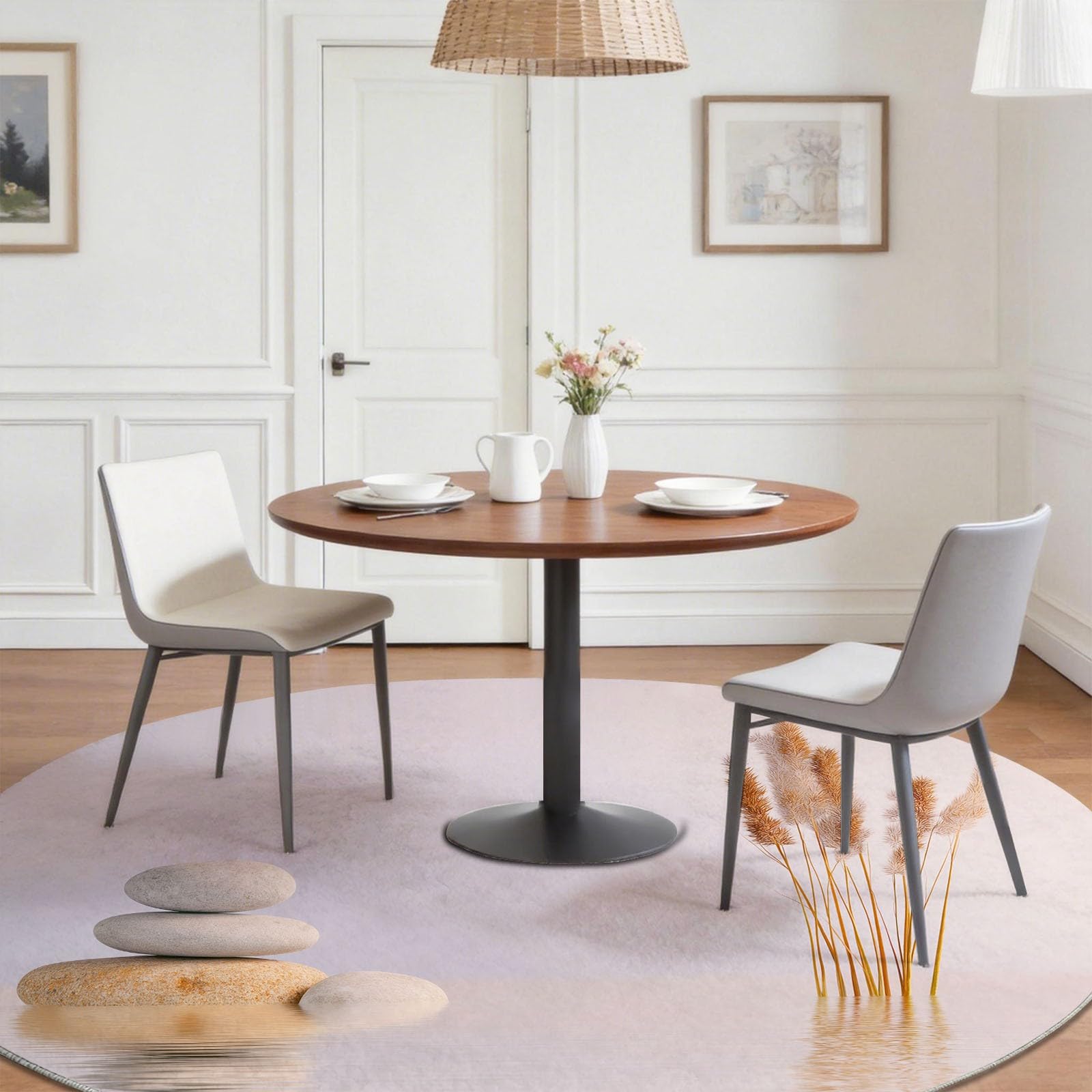 Tappeto rotondo antiscivolo, 120 cm, con pietre zen, piante, tappeto rotondo per sotto il tavolo, rosa pallido, morbido, a pelo basso, per spa, soggiorno, camera da letto, sala da pranzo e ufficio