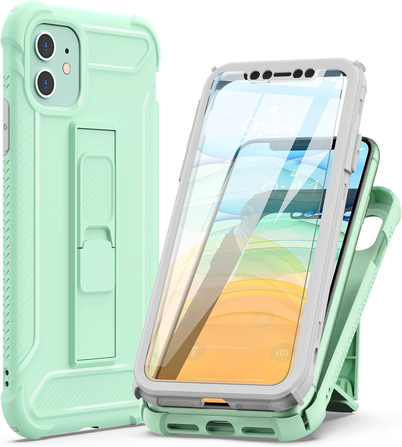 ORETECH Kickstand for iPhone 11 Case, with[2 x Tempered Glass Screen Protector] 360° Full Body Shockproof Protective Silicone TPU Bumper+Hard PC iPhone 11 Phone Case Slim Thin -Green