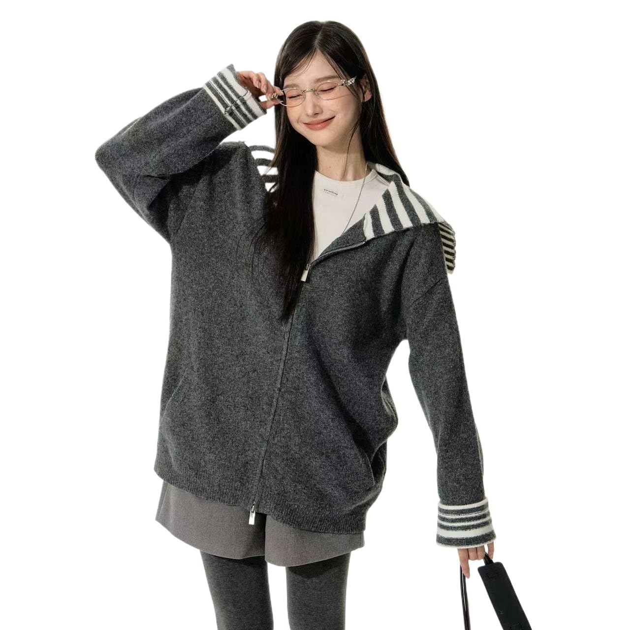 Womens Sailor Collar Long Sleeve V-Neck Stripe Splice Zip Up Knit Top Shirt Blouse Sweater
