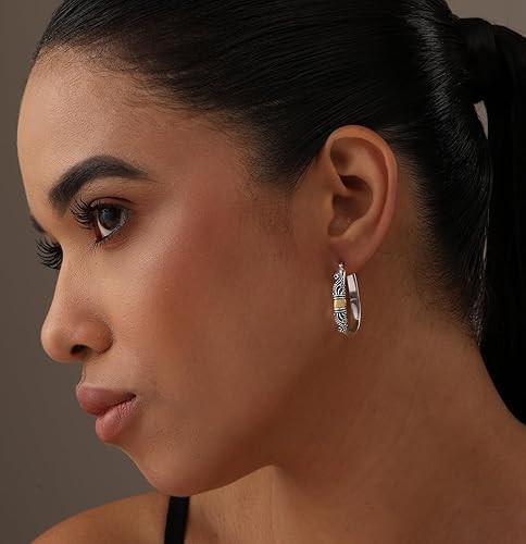 Miniatura 2 de LeCalla Aretes de aro de plata de ley 925 estilo Bali, ligeros, con cierre de clic, antiguos, de dos tonos, estilo italiano Bali, para mujer