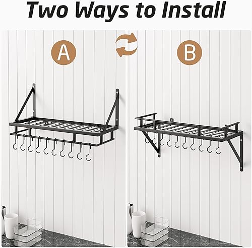 Miniatura 7 de KES Estante para ollas de cocina de 24 pulgadas montado en la pared, organizador de almacenamiento con ganchos, estante de pared en mate negro,