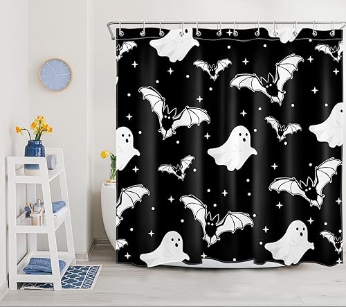 Miniatura 3 de HVEST Cortina de ducha espeluznante de Halloween para baño, cortina de ducha aterradora de fantasma y murciélago en blanco y negro con ganchos,