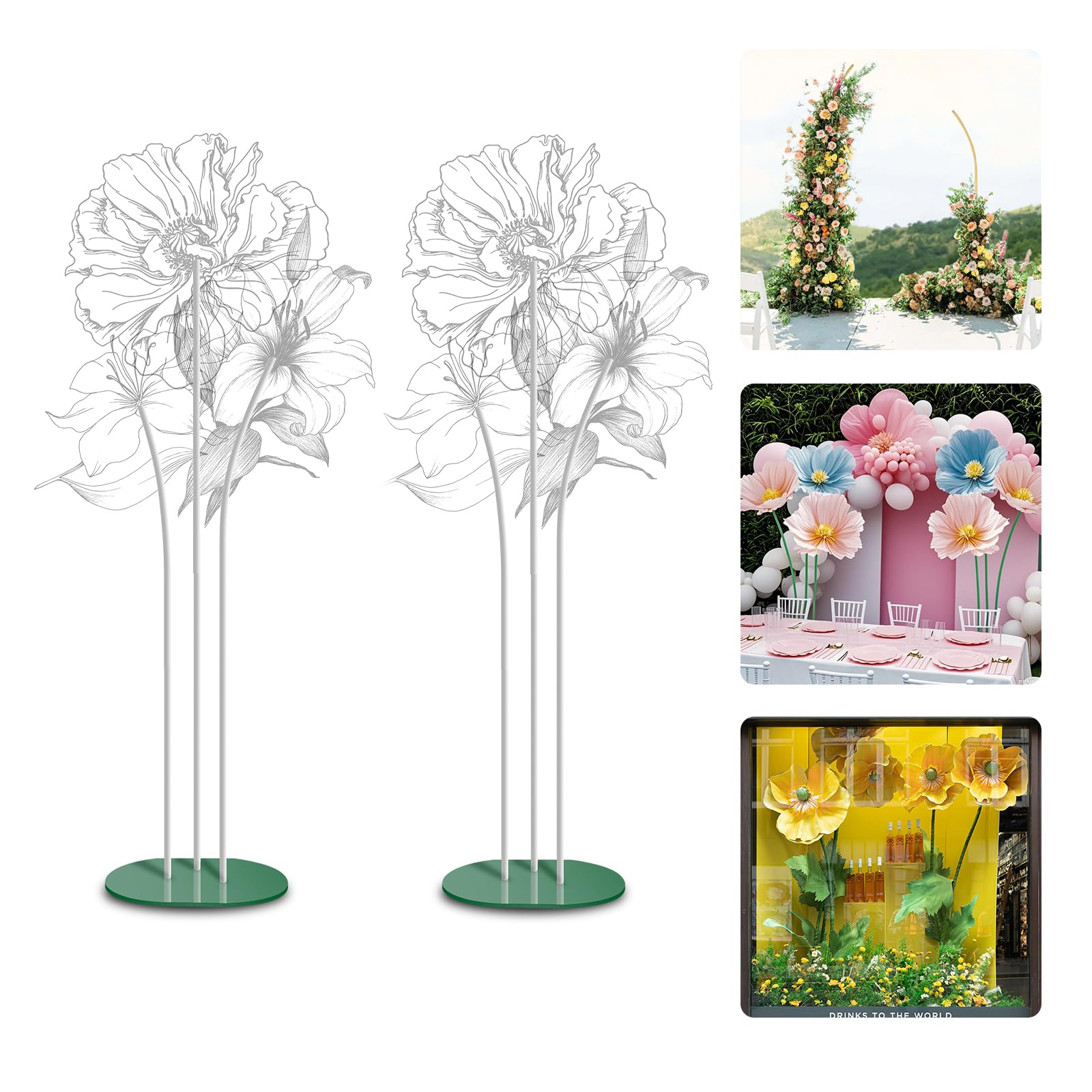 Mverse Heavy-Duty Metal Stand Base for Giant Flowers, 16.5" Powder-Coated Iron Base with 3 Bendable Aluminum Pipes and Pins for Wedding Arch, Party Backdrop, Event Décor (2 Set)