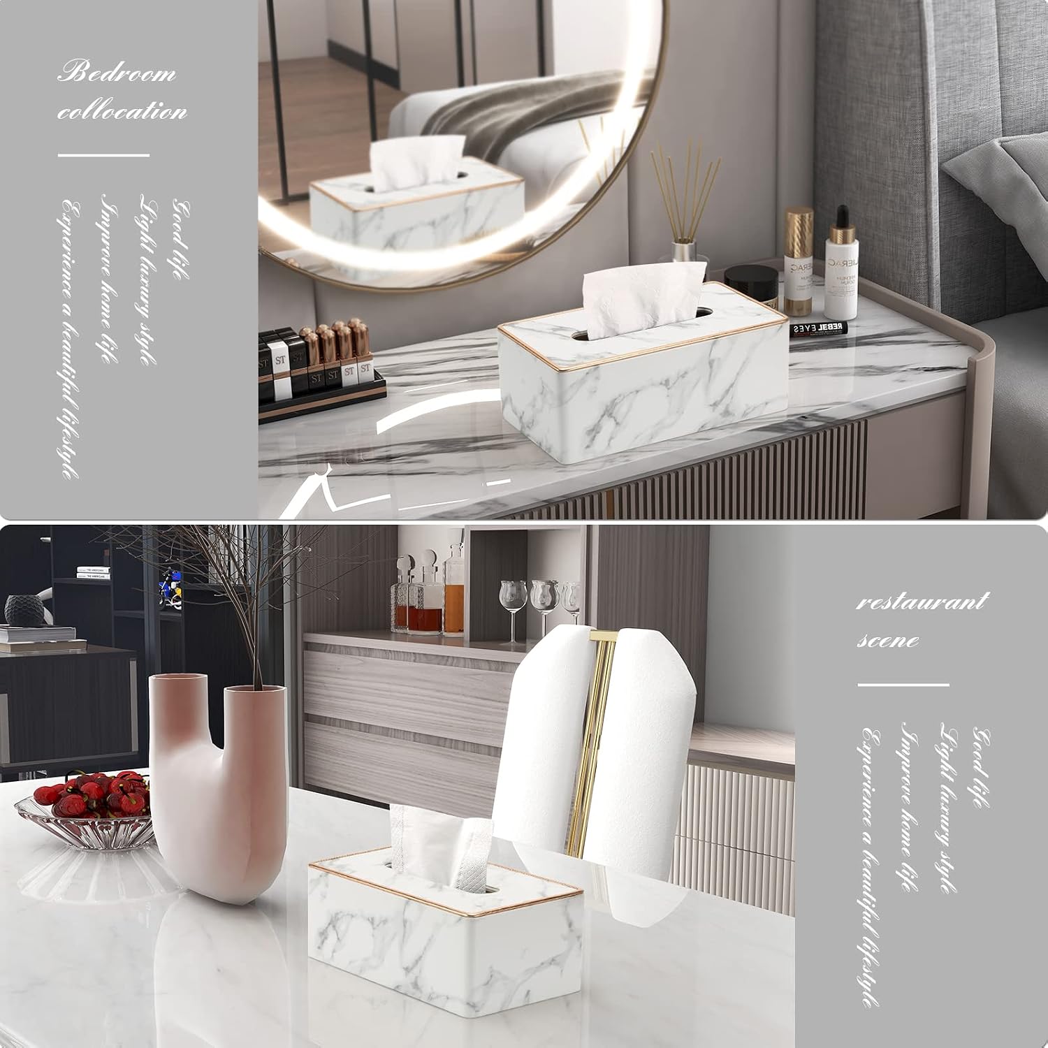 Tissue Box Cover, PU Leather Tissue Box Holder Rectangular Tissue Holders for Home/Office/Car Decoration 9.84"X5.23"X3.77" - Phnom Penh Marble image 2