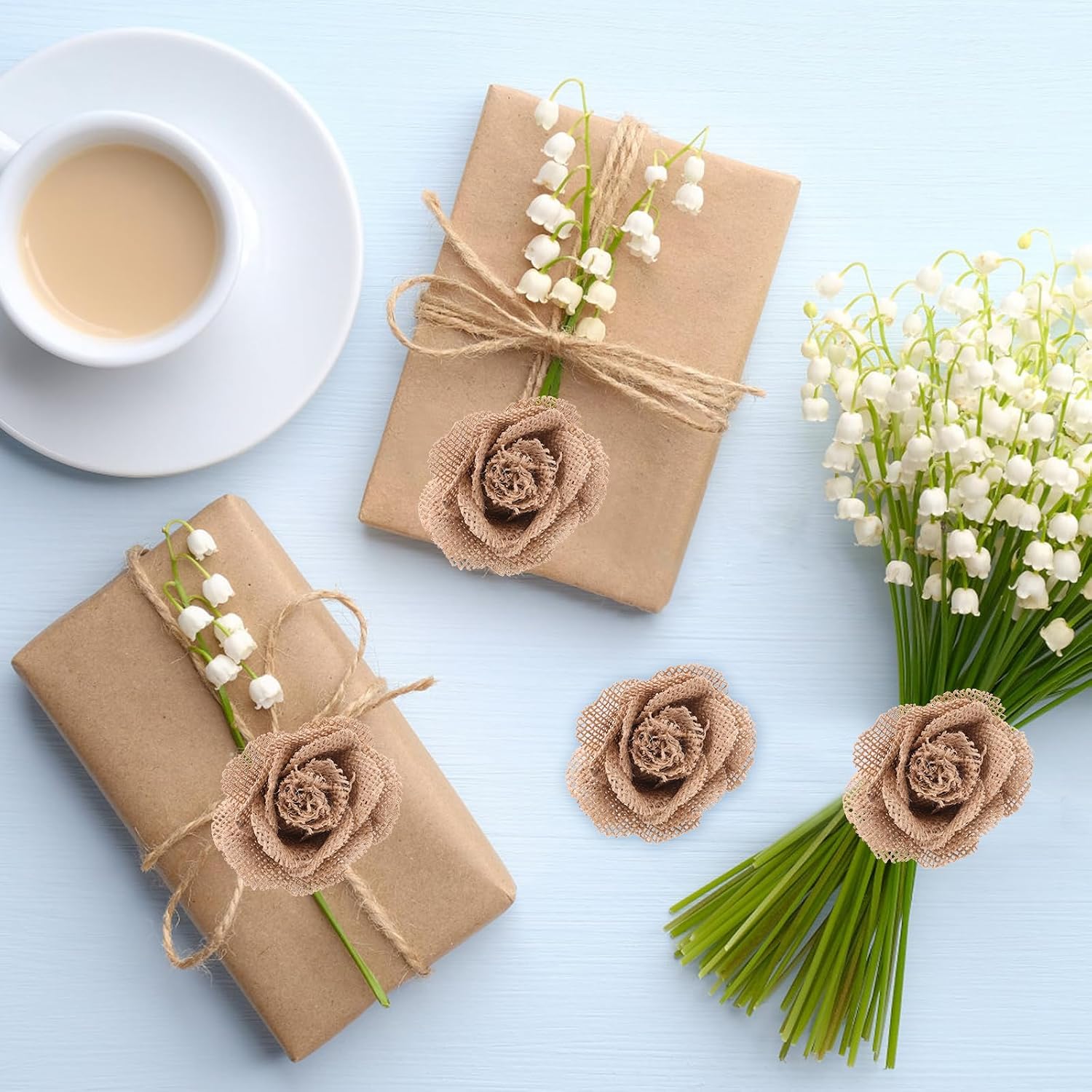 Milisten 4PCS Handmade Natural Burlap Flowers Rustic Rose Flower Christmas Burlap Flower for DIY Crafts,Wedding, Christmas, Party Decoration (Light Brown) image 3
