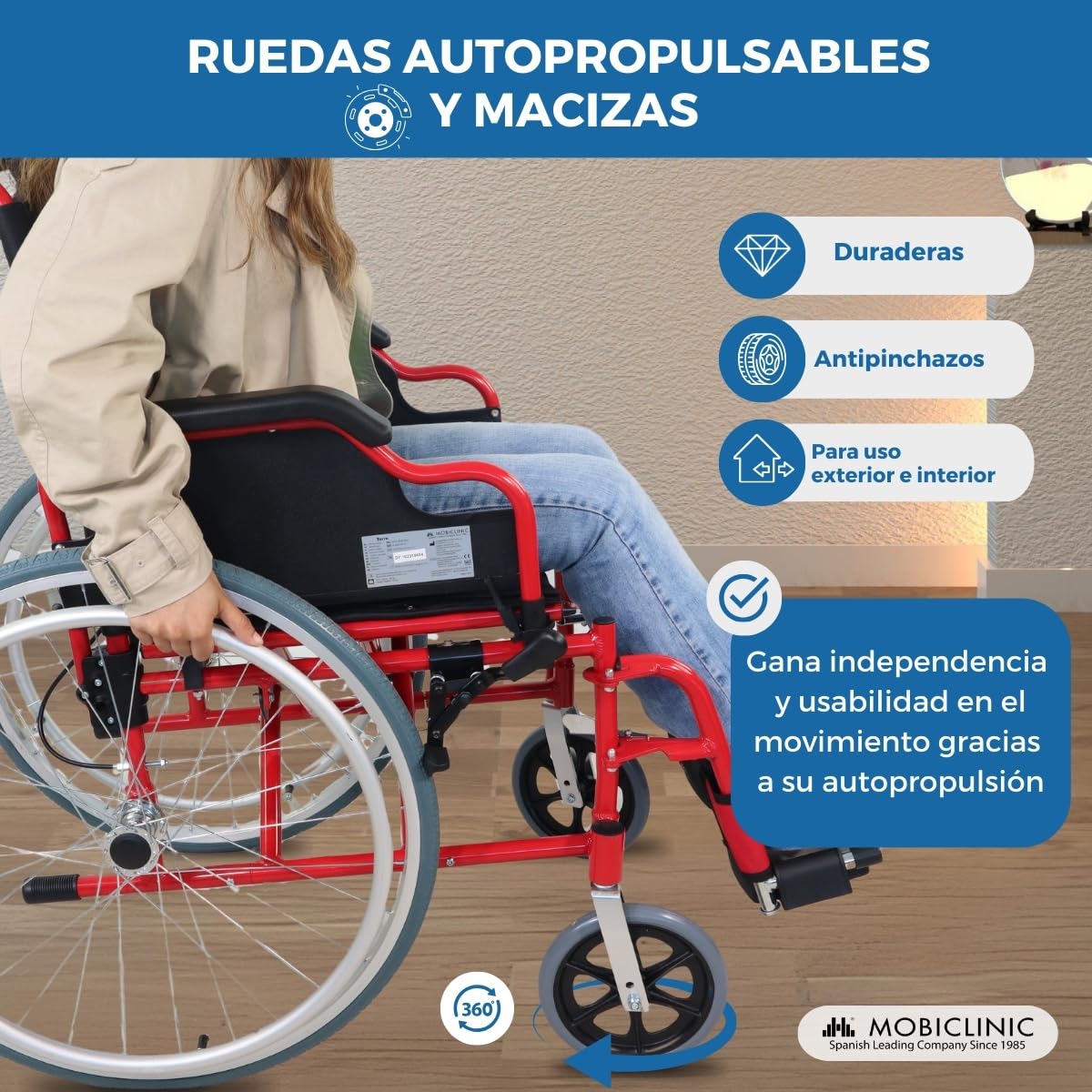 Mobiclinic®, Silla de ruedas plegable, Aluminio, Doble sistema frenado, Reposapiés abatibles y extraíbles, Reposabrazos, Respaldo partido, Asiento 44 cm, Ultraligera