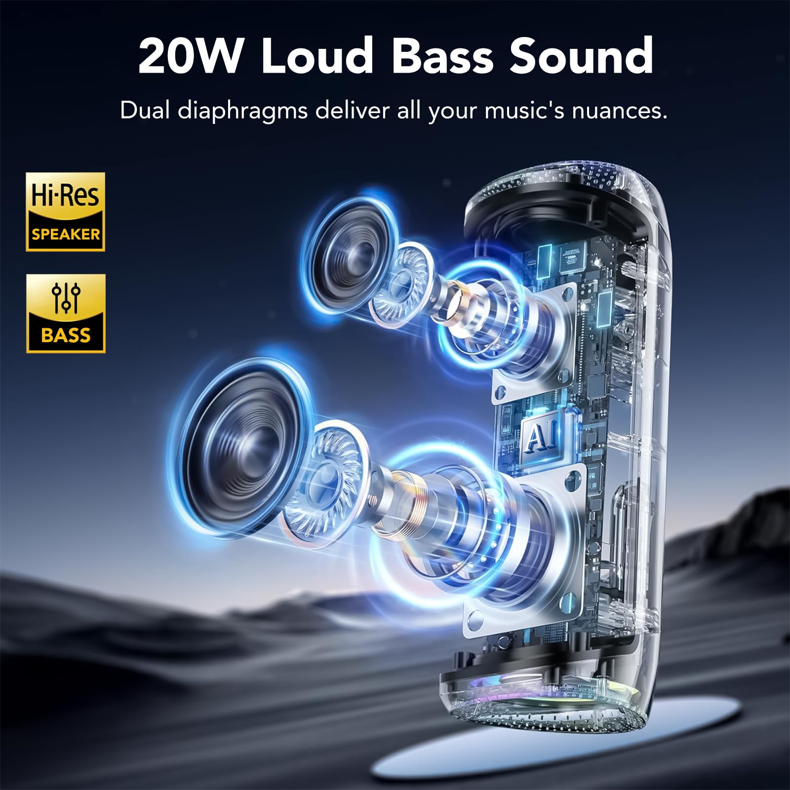 Altavoz Bluetooth 5.4 Potente 20W, Altavoces Graves Duales, Altavoces Bluetooth con 2 Modos EQ, Pantalla Digital Inteligente, 20H Reproducción, 7 Modos RGB, TWS, TF, IPX7, Speaker para Fiestas/Viajes