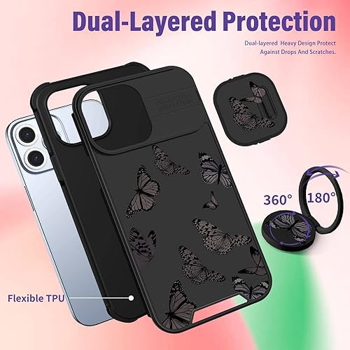 Miniatura 5 de Funda 2 en 1 para iPhone 15 Pro con diseño de mariposa para mujeres y niñas, bonita funda kawaii para adolescentes, diseño estético negro con funda