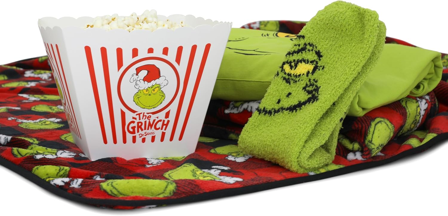 Dr. Seuss the Grinch Pajamas, Movie Night Gift Set for Men & Women, Grinch Pajama Pants, Hooded Sweatshirt, Socks & Blanket
