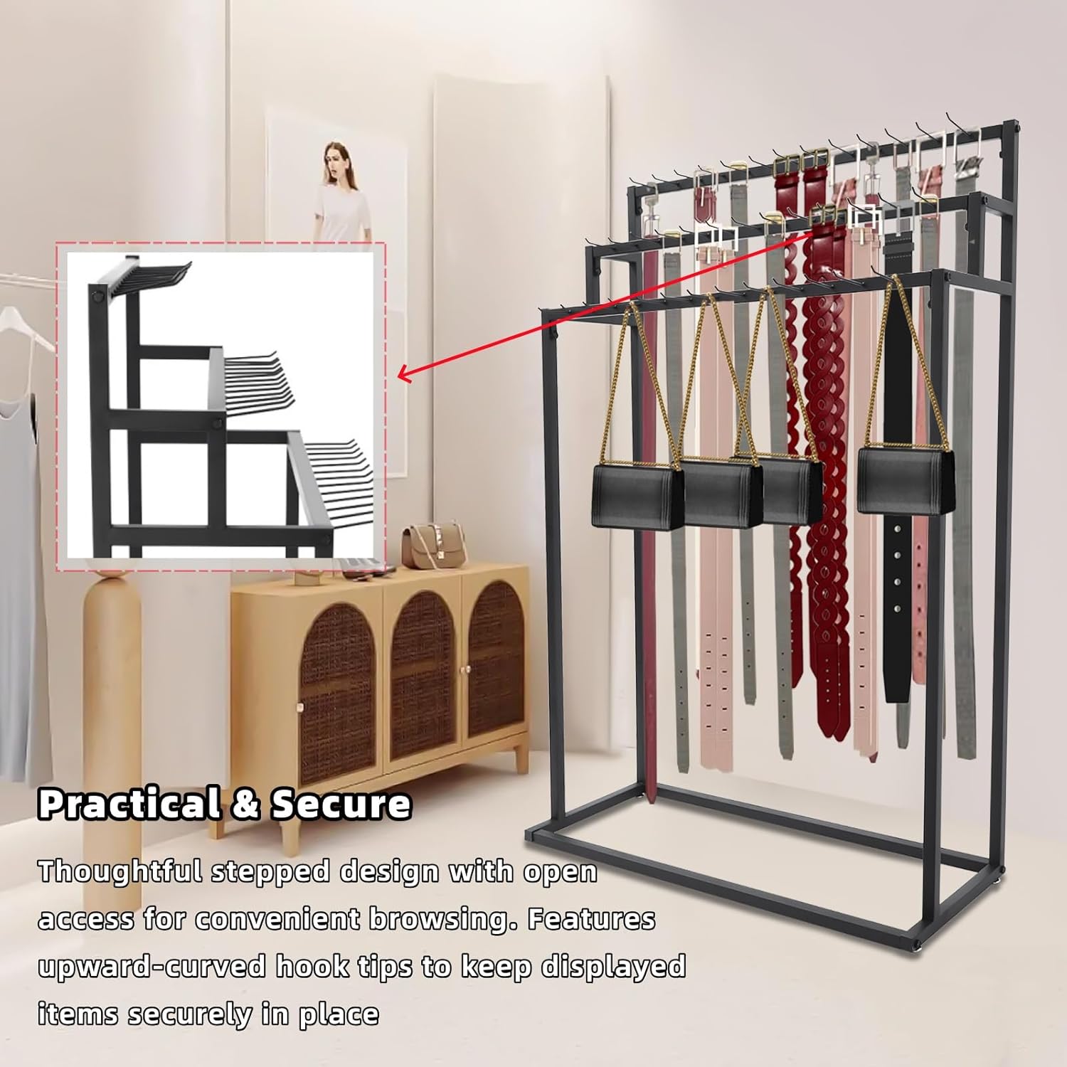 Floor Mounted Belt Hanger, 3 Tier Belt Organizer for Closet Metal Men Belt Closet Display Stand Ties Scarf Rack for Clothing Retail, 39.37 L x 15.75 W x 59in H (Black)