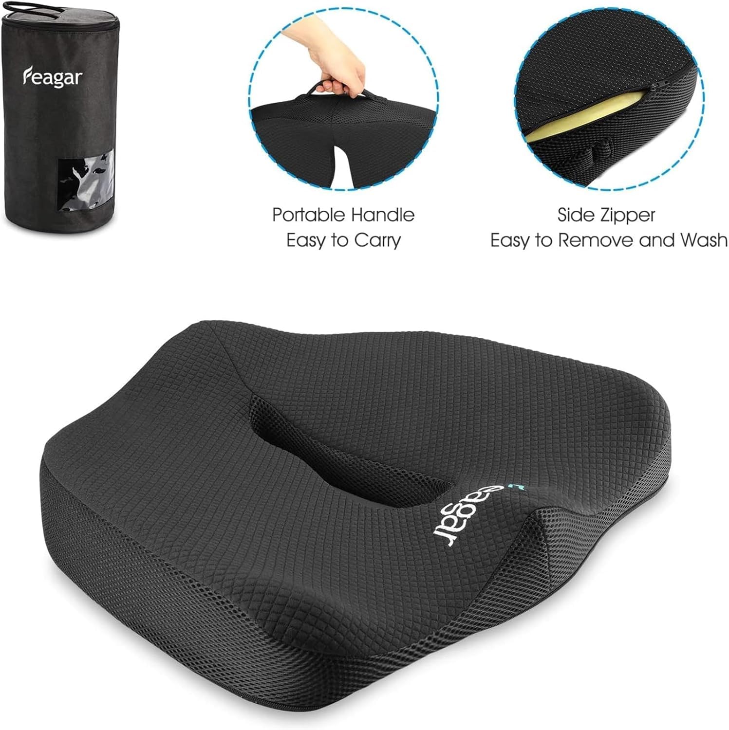 Feagar, poduszka na krzesło z pianki z pamięcią, ergonomiczna poduszka na fotel samochodowy, dla kierowcy, do wózka inwalidzkiego, poduszka na rwę kulszową, poduszka do siedzenia, czarna