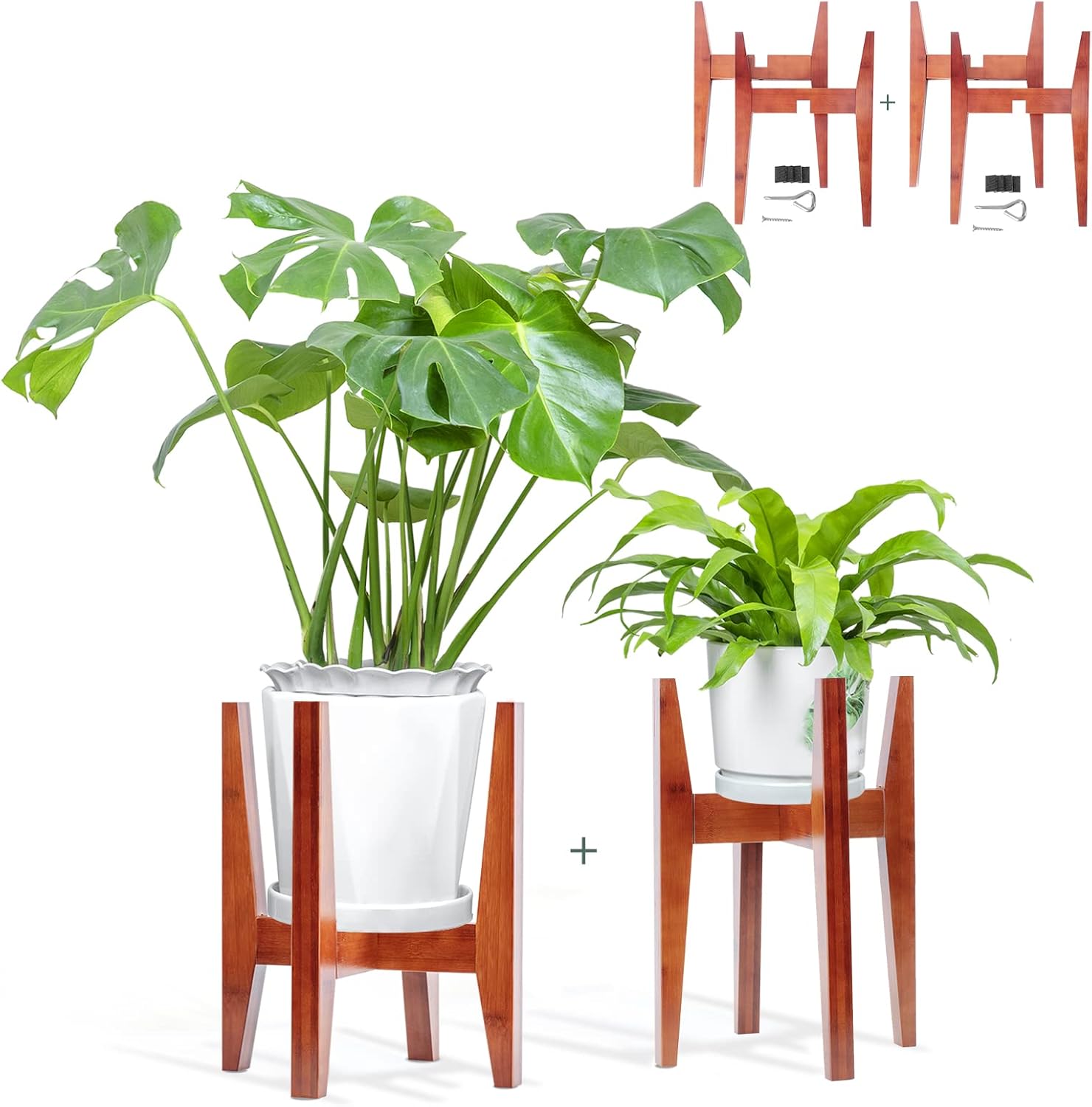 2 Pack Bamboo Indoor Plant Stand, Mid Century Adjustable