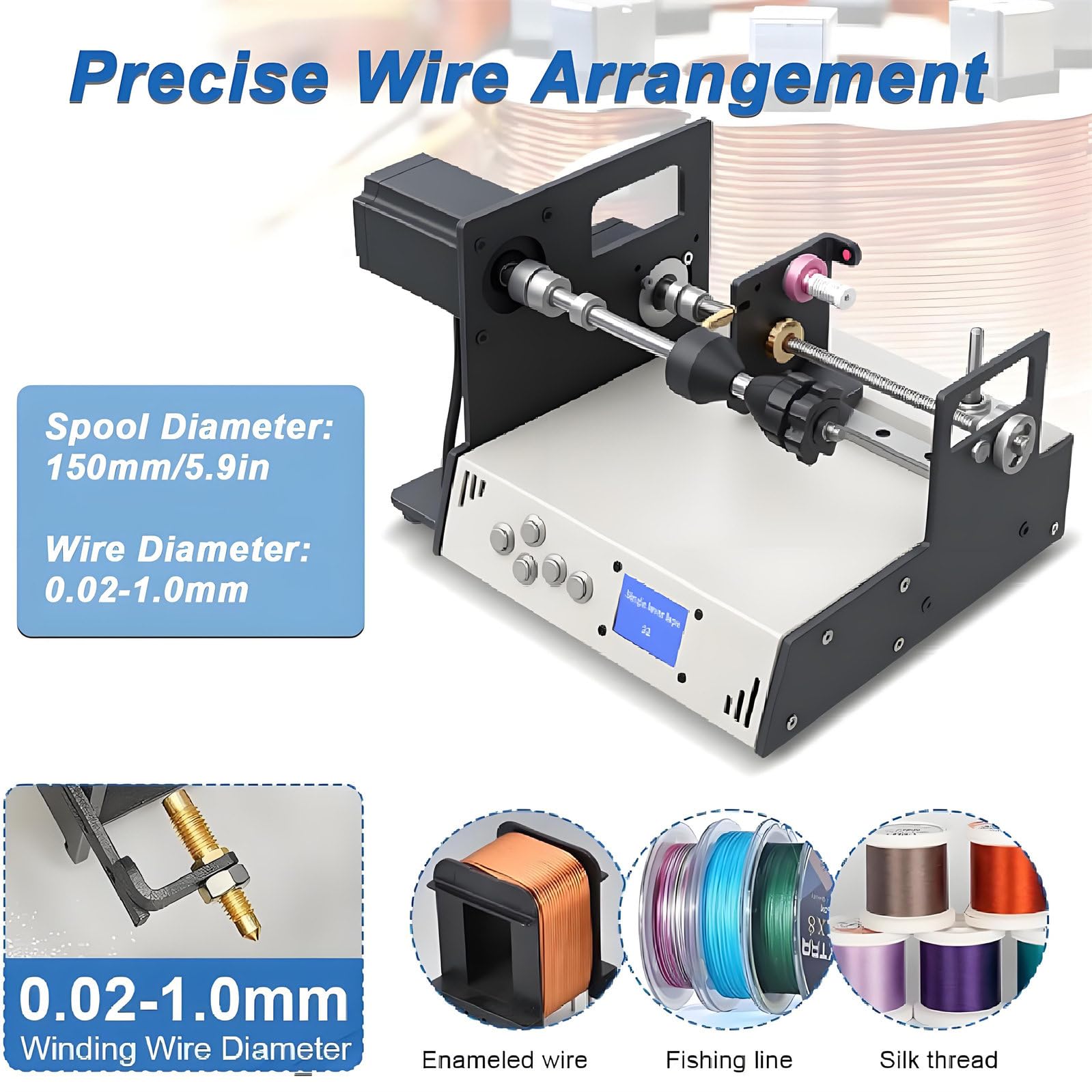 Bobinatrice per bobina, avvolgicavo industriale automatico con schermo LCD, precisione del passo dell'avvolgimento di precisione ± 0,01 mm, ideale per applicazioni di amplificatori per tubi via cavo