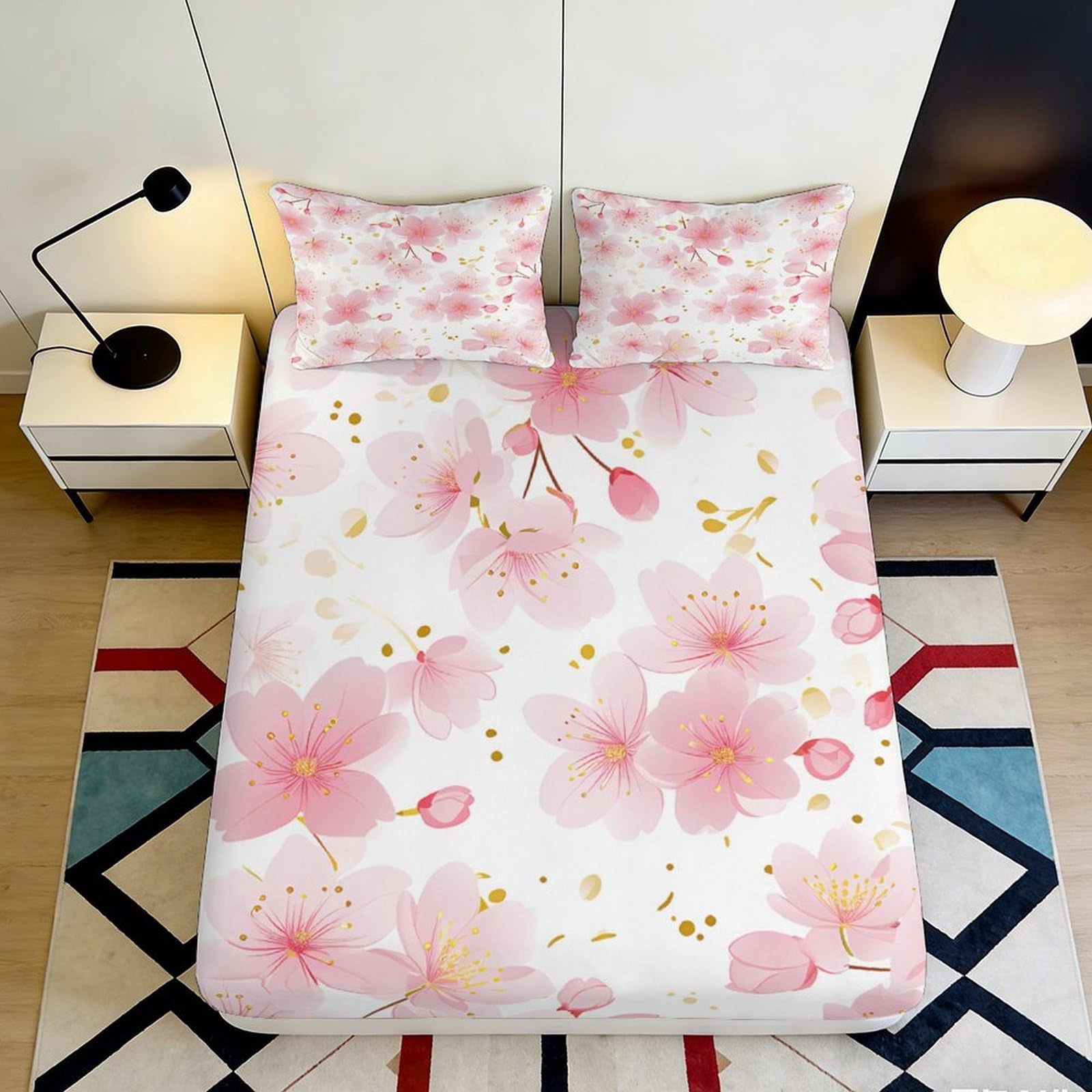 3D Printed Sakura Blossom Fitted Sheet Microfiber Soft Non-Slip Pink Flower Mattress Cover for Bedroom Dorm Decor 120x200cm 160x200x25cm