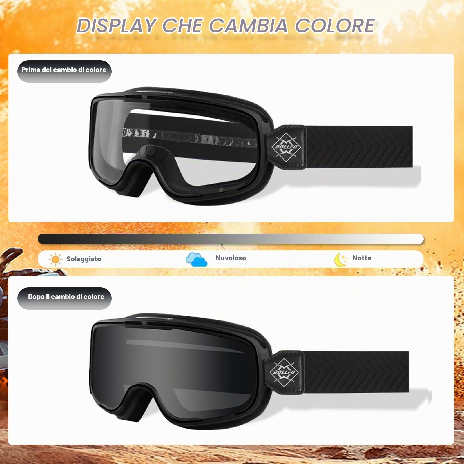 Occhiali Motocross Fotocromatici,Occhiali da Sci con Protezione UV e Cinturina Regolabile Antiscivolo,Lenti Auto-Oscuranti per Comfort Tutto il Giorno