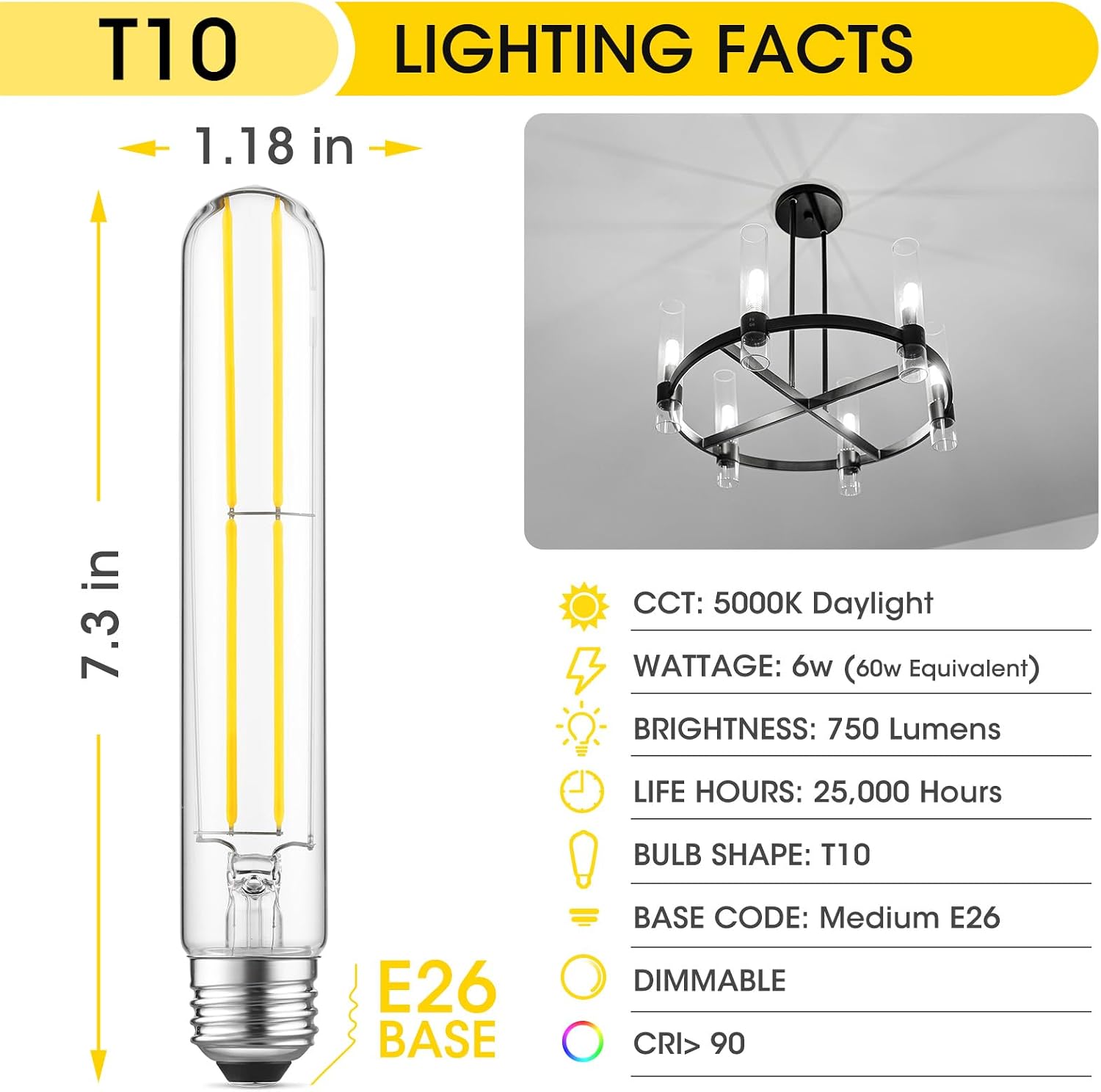 7.3" T10 Tubular LED Light Bulb, 60W Eq, Dimmable, Daylight 5000K, 6-Pack image 2