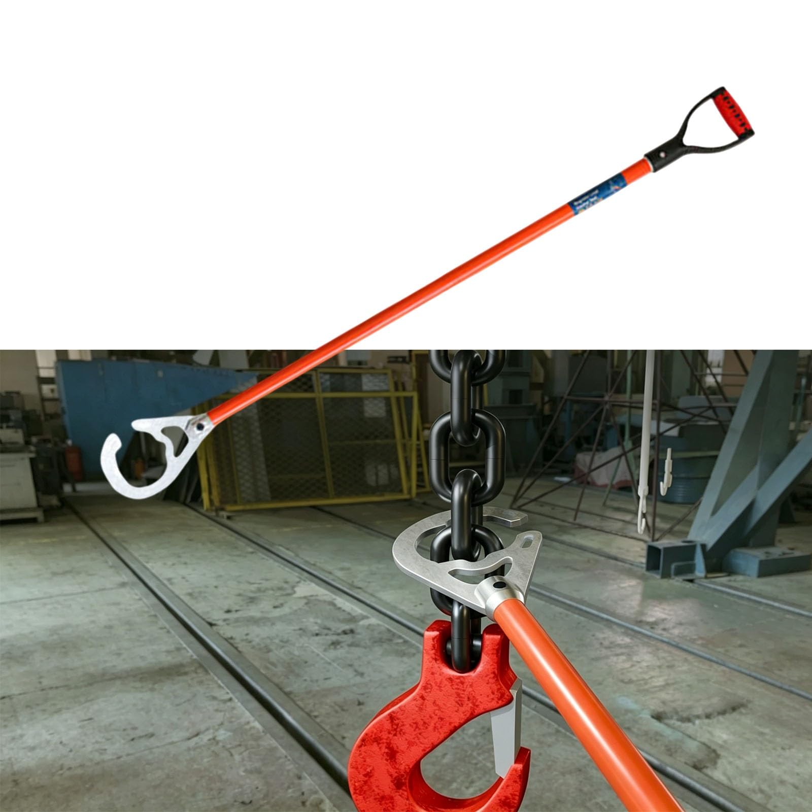 Pinza per catene di sollevamento, pinza per carico, asta di traino per carico, asta di sicurezza per il controllo di spinta e trazione dei carichi sollevati(B 128cm)