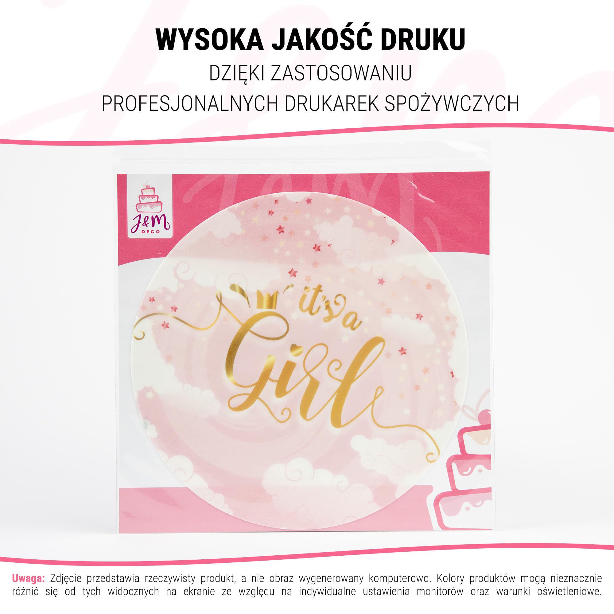 J&M DECO Opłatek na tort Baby Shower It’s a Girl Ø20 cm – jadalna dekoracja na urodziny i chrzest dziewczynki – topper tortowy dla dzieci – bezglutenowy i wegański