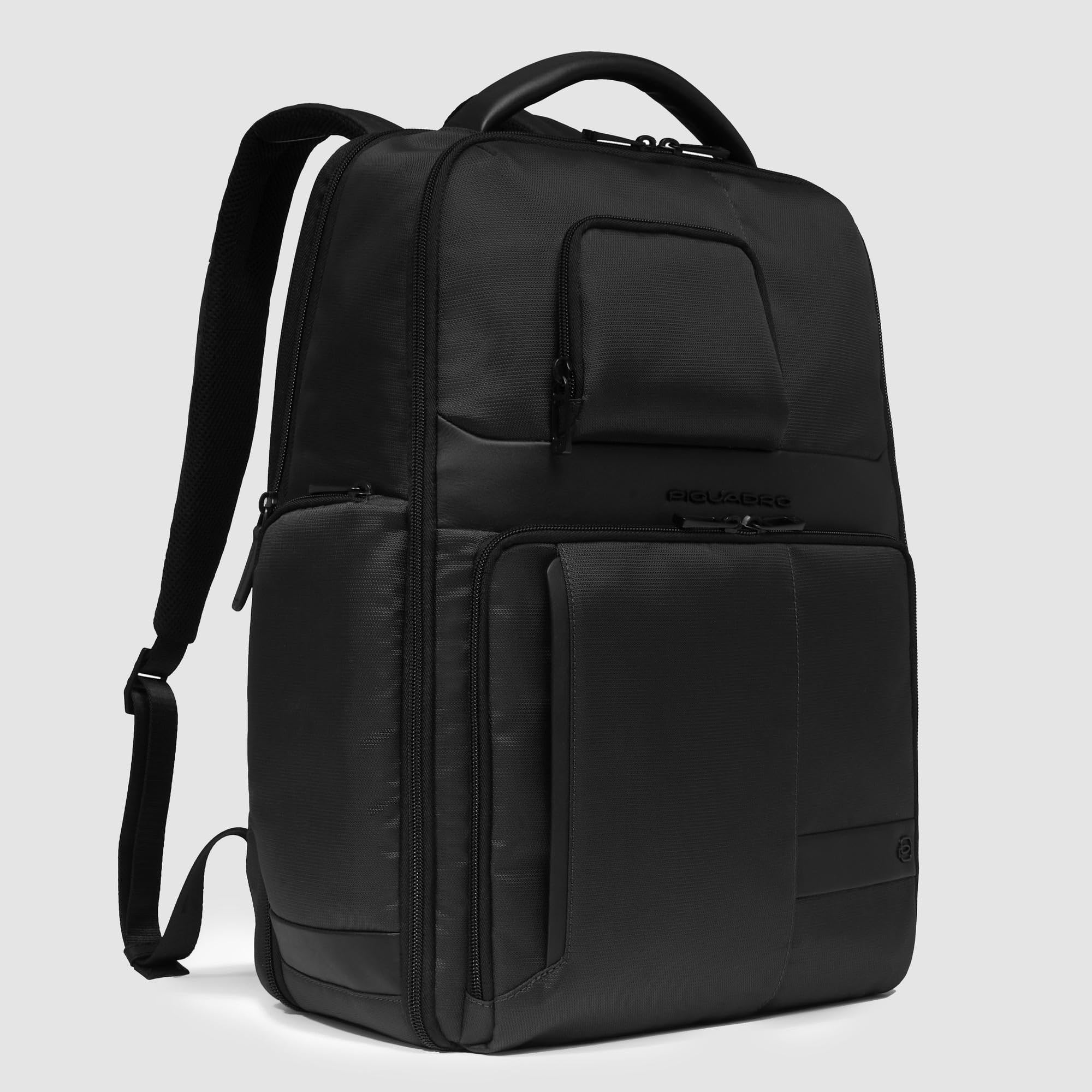 PIQUADRO - Zaino Porta PC 17" in Pelle e Tessuto Tecnico - Uomo - Nero | Aggancio per Trolley, Spallacci imbottiti, Ampio, Vani organizzati, Business, Viaggio, Uso Quotidiano