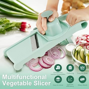 Mandoline Slicer, Foldable Vegetable Cutter, Space Saving Mandoline Cutter, Easy to Use, Kitchen Food Slicer for for Potato, Onion, Cucumber, Cabbage, Send Hand Guard(Green)