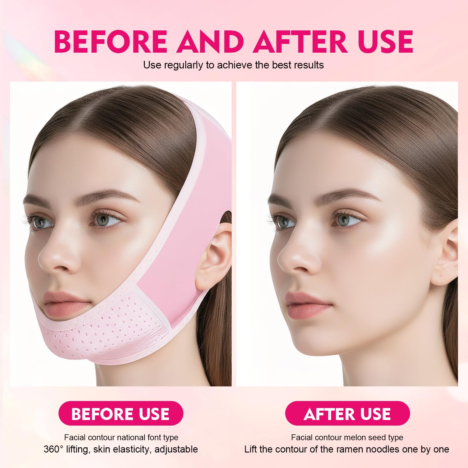 Mascarilla V Facial Reutilizable,Reductor de Papada Lifting,Banda Reafirmante Facial Transpirable para Afinar el Rostro,Cinturón Lifting para Mandíbula y Mejillas Caídas,Pink
