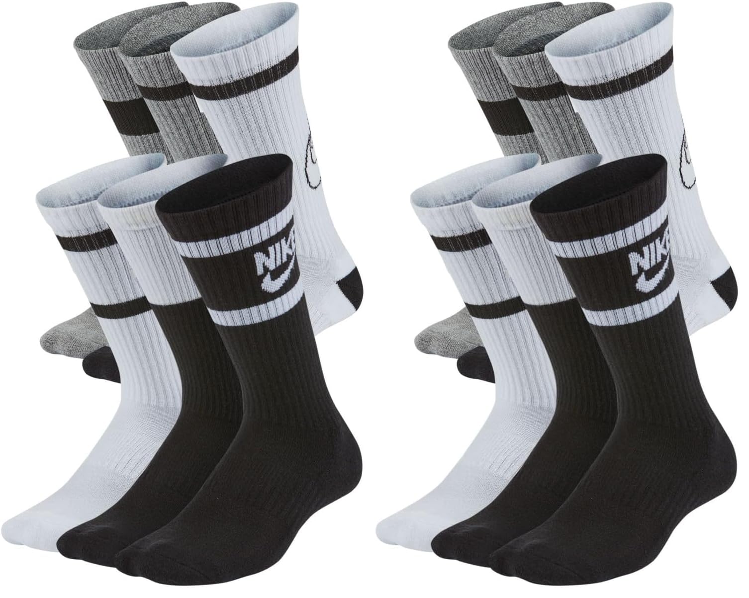 Nike Unisex Kids Everyday Cushioned Crew Socks (6 Pairs), White/Black/Grey, Medium