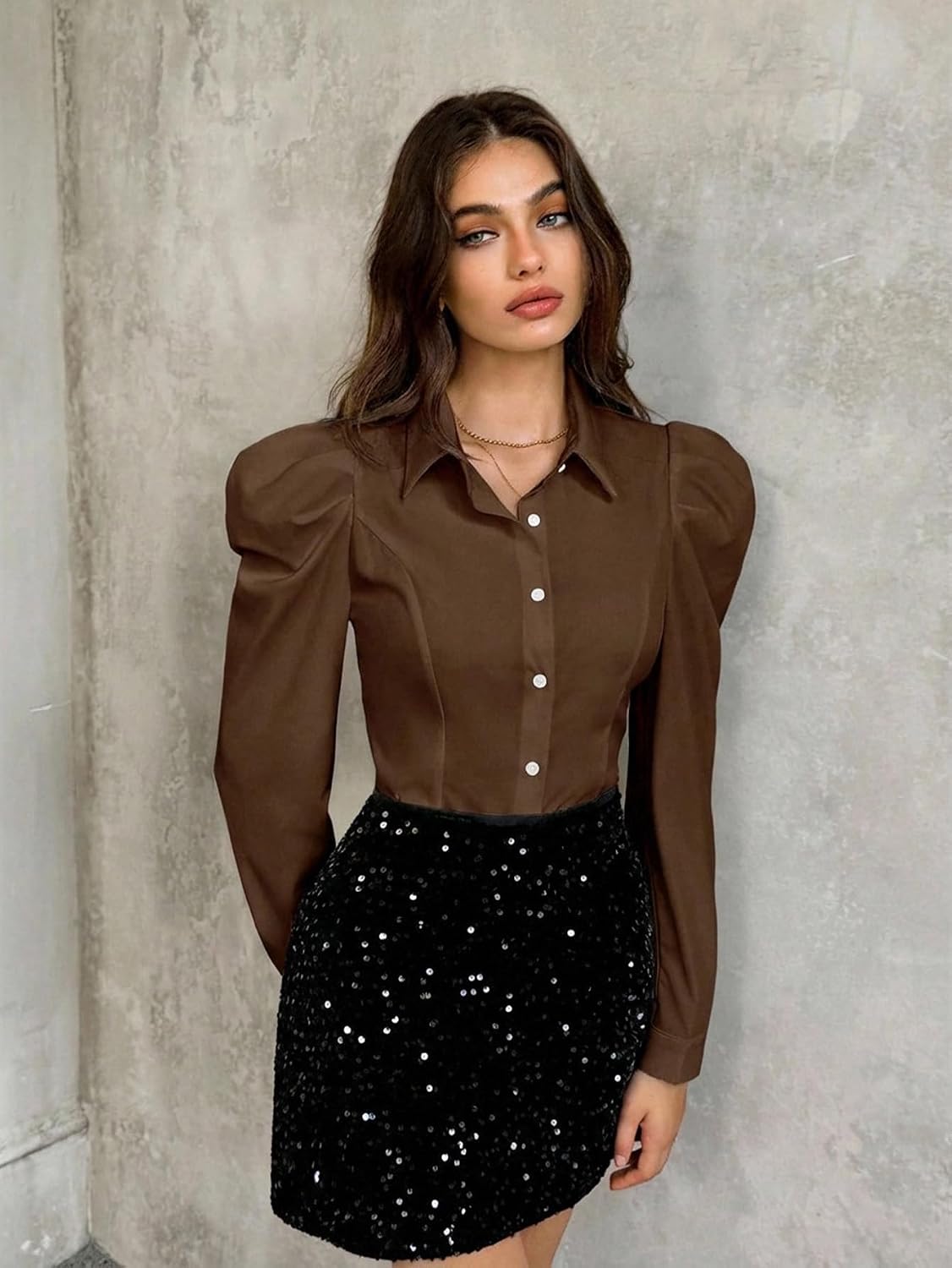 Floerns Women's Elegant Puff Long Sleeve Collared Shirts Button Down Dressy Blouse Top