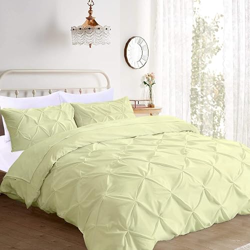 Pinch Pleated 3 Piece Duvet Cover Set 100% Egyptian Cotton 1000 Thread Count with Zipper & Corner Ties Rectangle Pattern Decorative Pintuck Pillow Shams (Full/Full XL 88x88, Ivory/Cream)