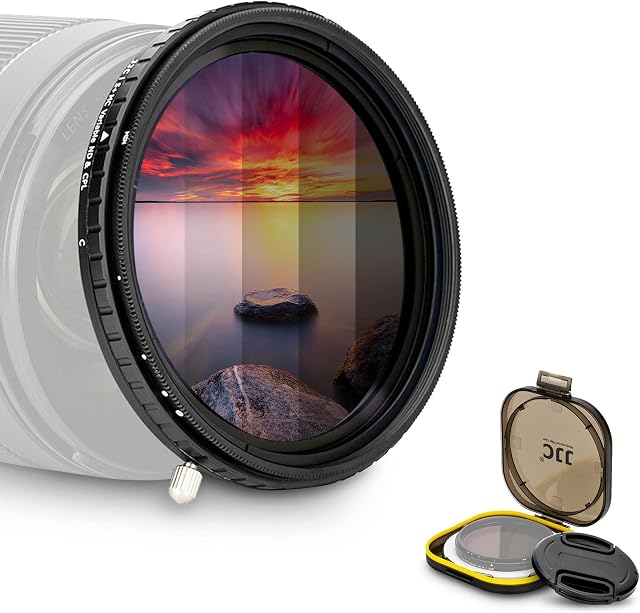 JJC 62 mm filtr o zmiennej gęstości ND + okrągły filtr polaryzacyjny CPL, 2 w 1 ND2 ND4 ND8 ND16 ND32 regulowany stopniowany zanik kombinacja polaryzacyjna do obiektywu aparatu 62 mm