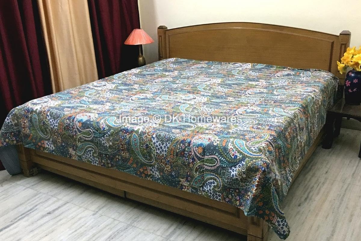 Indian Handmade Grey Blue Queen Size Bedspread Decoration Cotton Kantha Work Paisley Printed Hand Stitched (108 x 90) -Set of 1 Quilt Bedspread