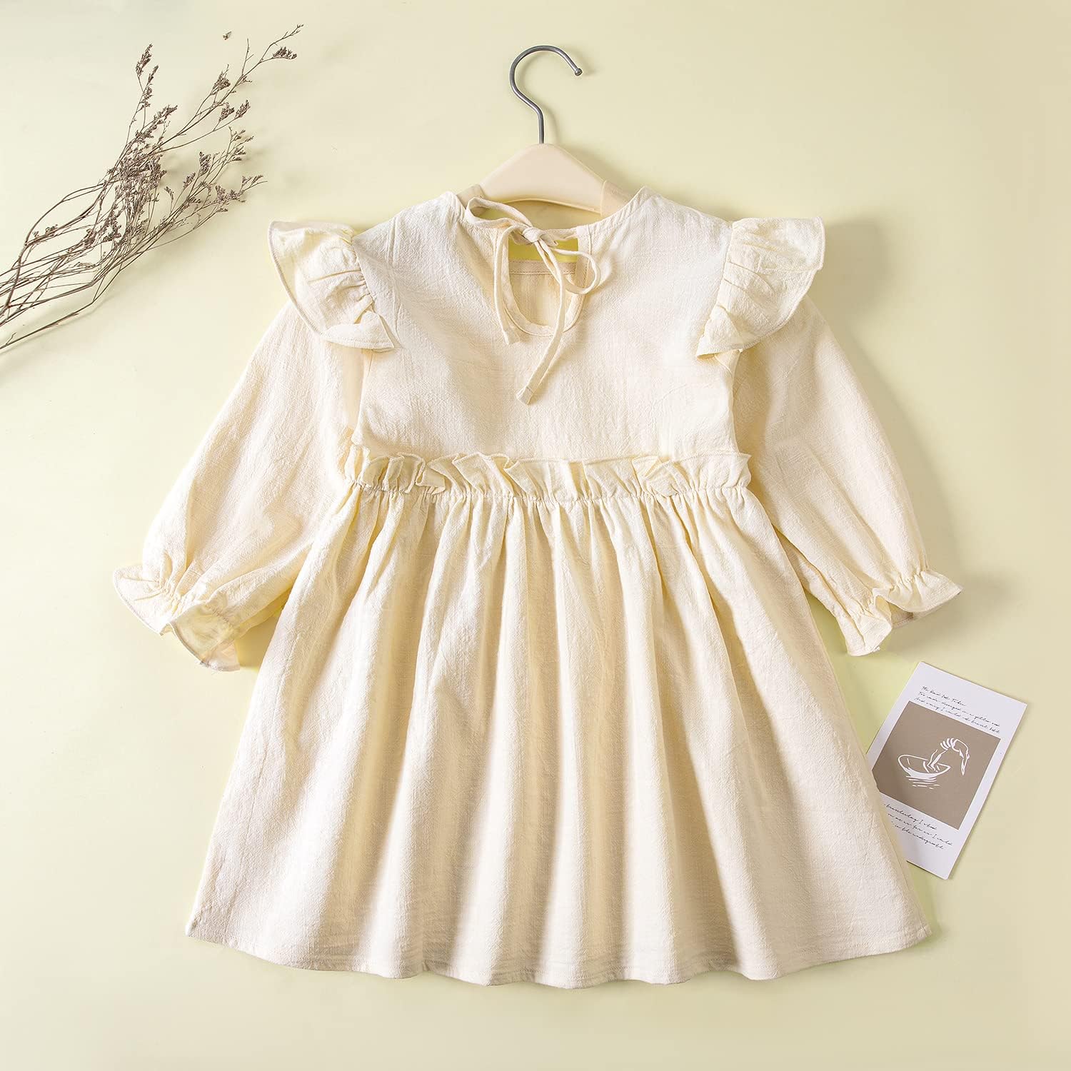 Goodplayer Toddler Girl Cotton Linen Dress Long Sleeve Ruffle Fall Dress Kids Solid Dresses Casual Clothes - Image 4