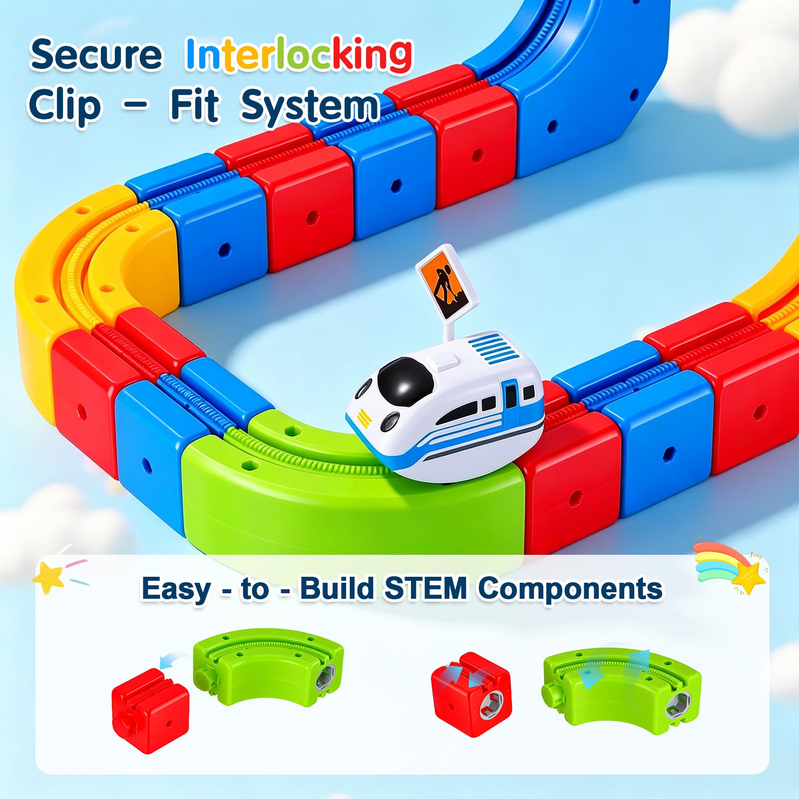 Tren Eléctrico Niños 82 Piezas con 1 Tren – Pista 3D Antigravedad klick-Rail, Bloques de Construcción DIY Cube Track, Juguete Educativo Stem para Niños de 4 a 8 Años