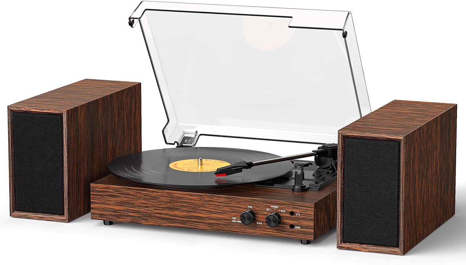 Vinyl Record Player with External Stereo Speakers, Vintage Bluetooth 3-Speed Turntable with Dual Stackable Speakers, PC Recording Vinyl to Digital, RCA-Out& AUX-in, Brown
