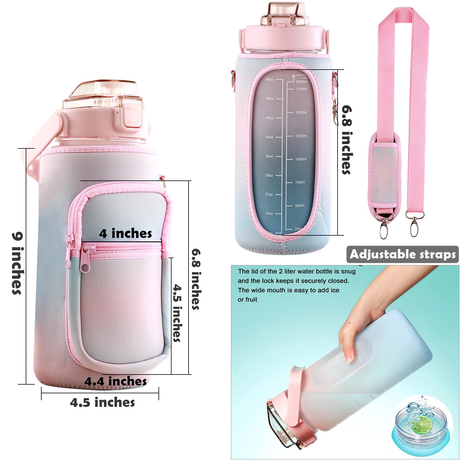 1,8 l Wasserflasche mit Hülle und Riemen, 1,8 l, motivierende Wasserflaschen mit Strohhalm, große breite Öffnung, Wasserkrug mit Zeitmarkierung für Fitness, Fitnessstudio und Outdoor-Sportarten,