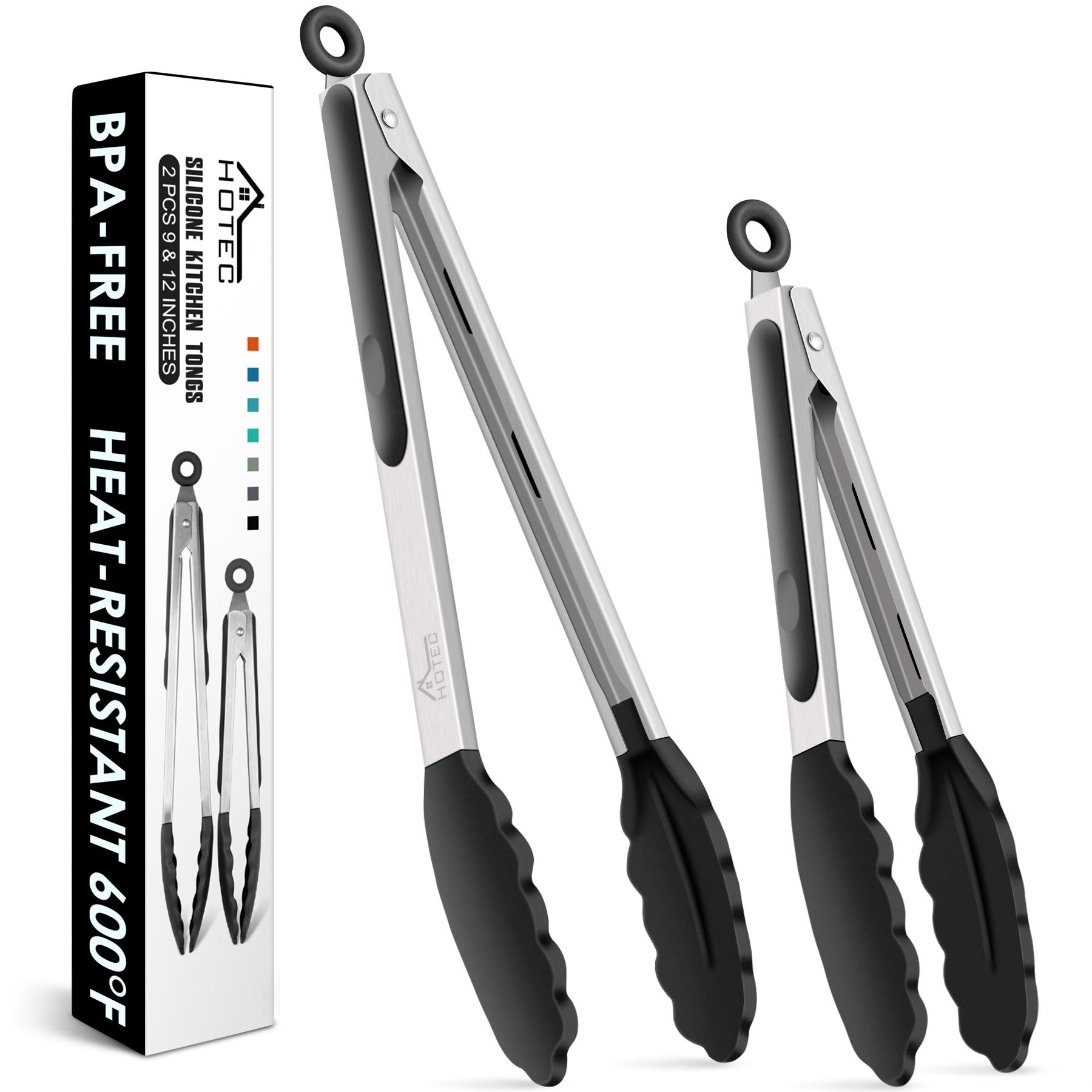 HOTEC Premium Stainless Steel Locking Kitchen Tongs with Silicon Tips, Set of 2-9" and 12"