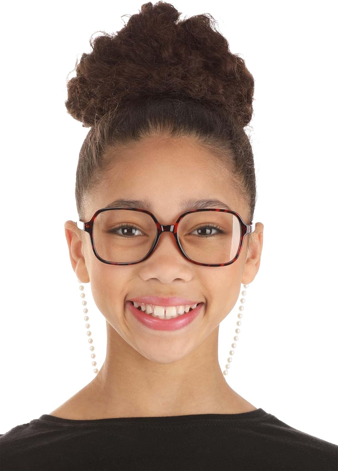 Fun Costumes Antidrop Prop Reading Glasses for Kids - Tortoiseshell Frames with Faux Pearl Neck Strap, Clear Lenses